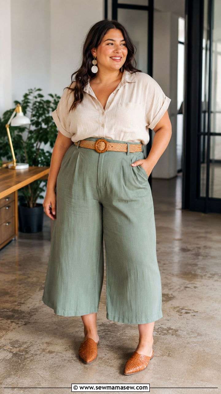 Flowy Button Up Blouse With Wide Leg Cropped Pants - 25 Plus size outfit ideas boho