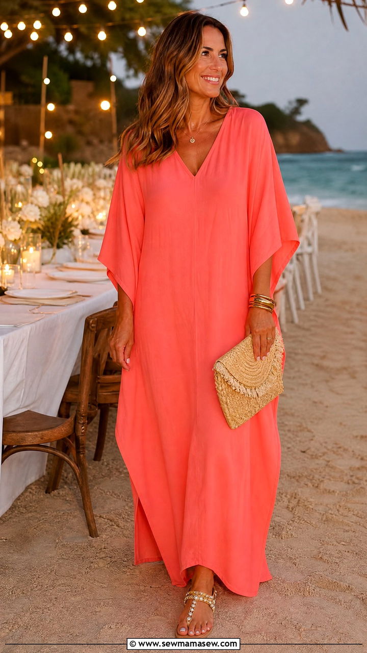 Flowy Caftan Dress With Beaded Flat Sandals - 30 Tropical vacation outfits