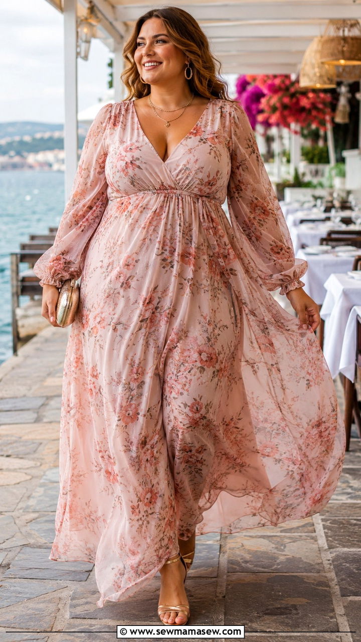 Flowy Chiffon Maxi Dress With Metallic Accessories - 25 Birthday dinner outfit ideas plus size