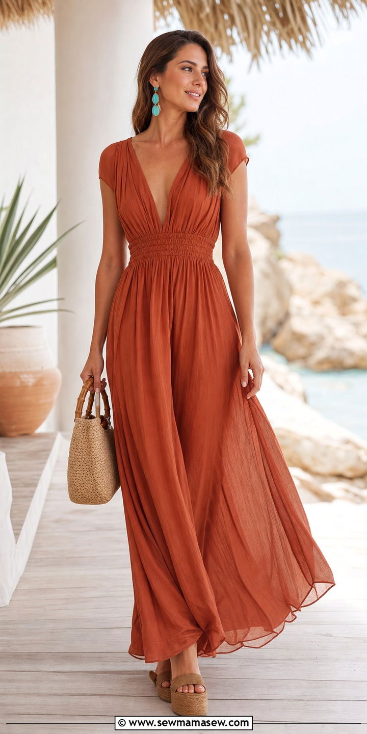Flowy Chiffon Maxi Dress with Wedge Espadrilles - 35 Boho wedding guest outfits