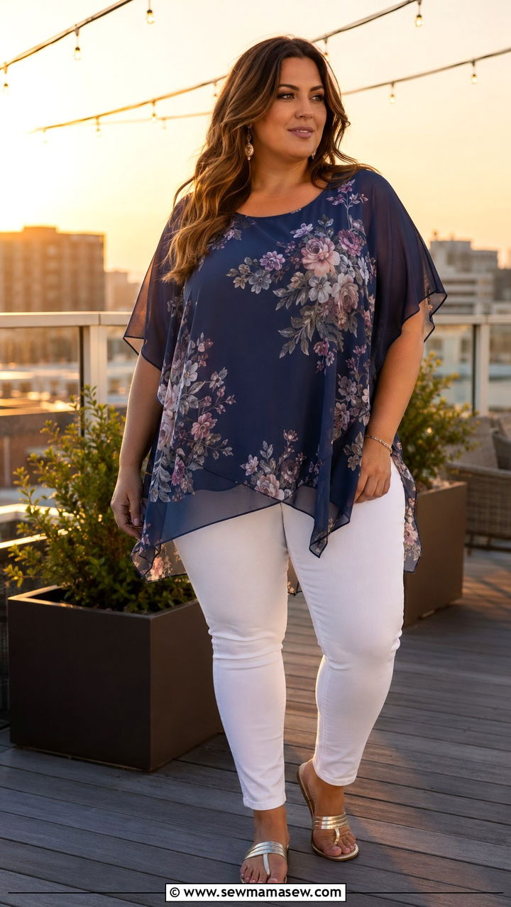 Flowy Chiffon Tunic With White Skinny Jeans And Metallic Sandals - 25 Outfit ideas for apple shape plus size
