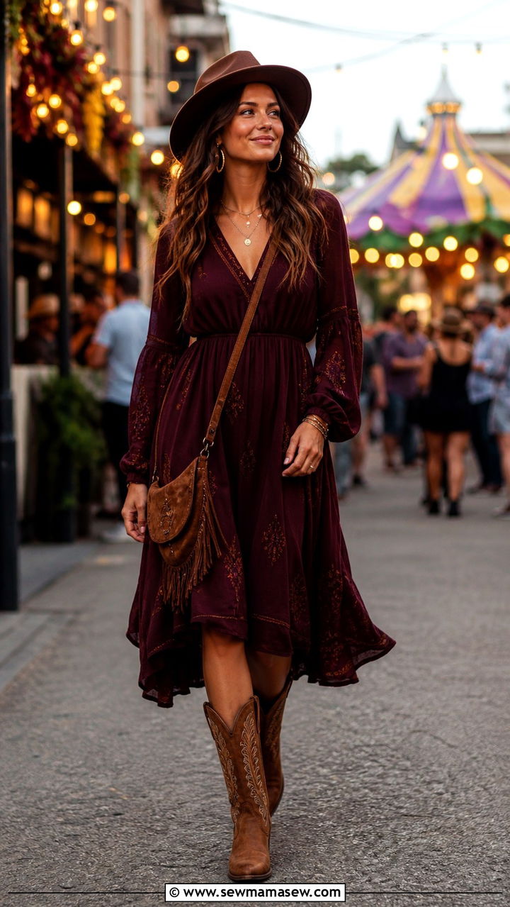 Flowy Dress with Cowboy Boots for a Fall Festival - 40 What to wear in New Orleans
