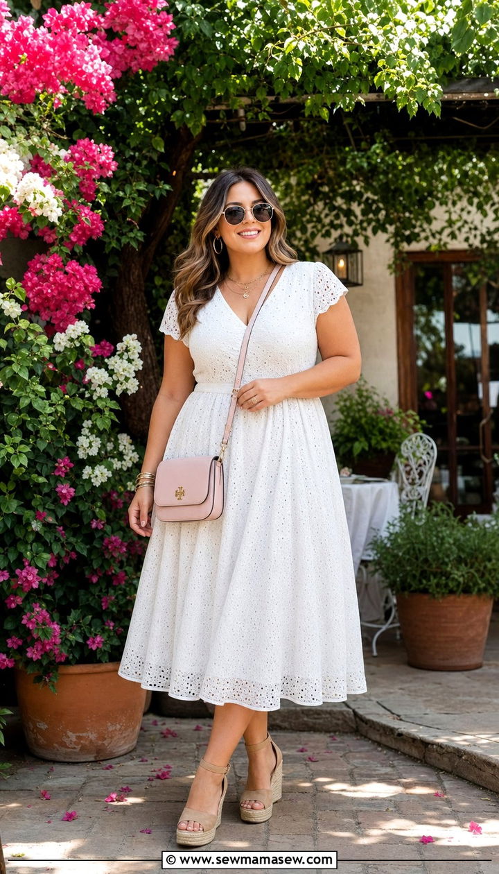 Flowy Eyelet Midi Dress And Wedge Espadrilles - 35 Brunch outfits for curvy women