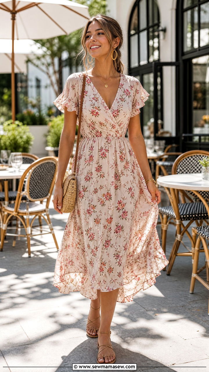 Flowy Floral Dress with Strappy Sandals - 30 Girls brunch outfit ideas