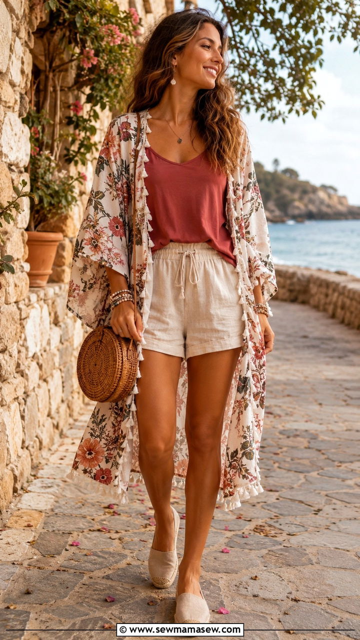 Flowy Floral Kimono with Tank Top and Shorts Outfit - 30 Boho outfit ideas for women over 40
