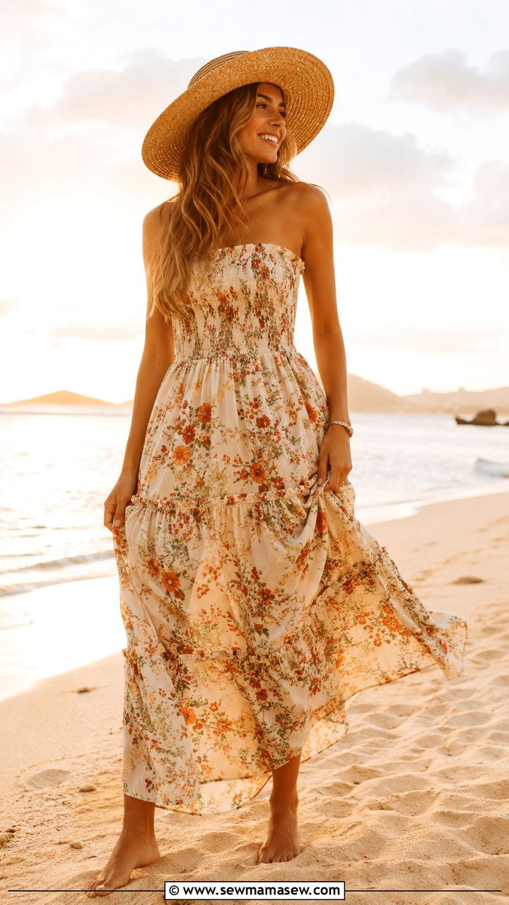 Flowy Floral Maxi Dress Beach Look - 25 Beach photoshoot outfit ideas