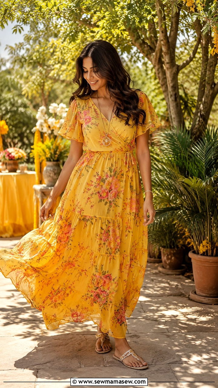 Flowy Floral Maxi Dress With Embellished Sandals - 20 Wedding guest outfit ideas Haldi ceremony