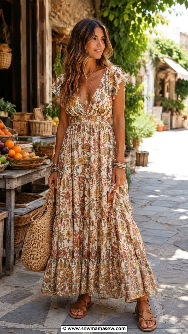 Flowy Floral Maxi Dress With Flat Sandals - 25 boho chic outfits aesthetic