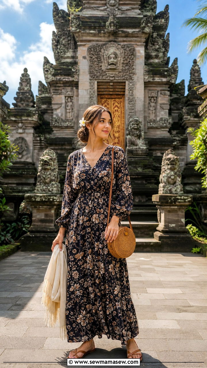 Flowy Floral Maxi Dress With Sandals For Temple Visits - 40 Bali outfit ideas
