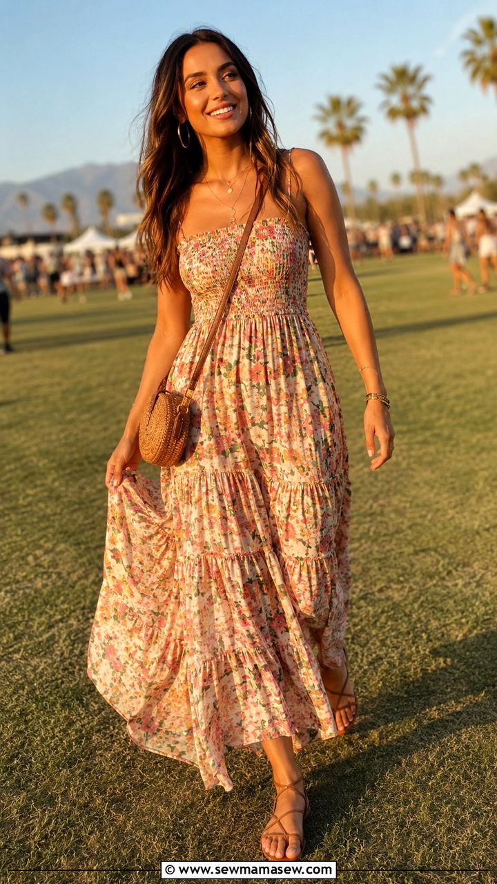 Flowy Floral Maxi Dress With Strappy Flat Sandals - 30 chic summer concert outfits for women