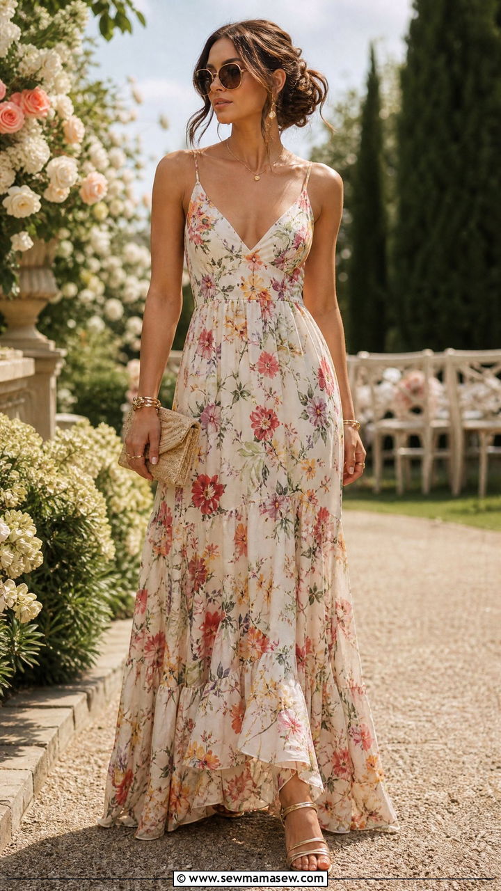 Flowy Floral Maxi Dress With Strappy Sandals - 35 June outfit ideas
