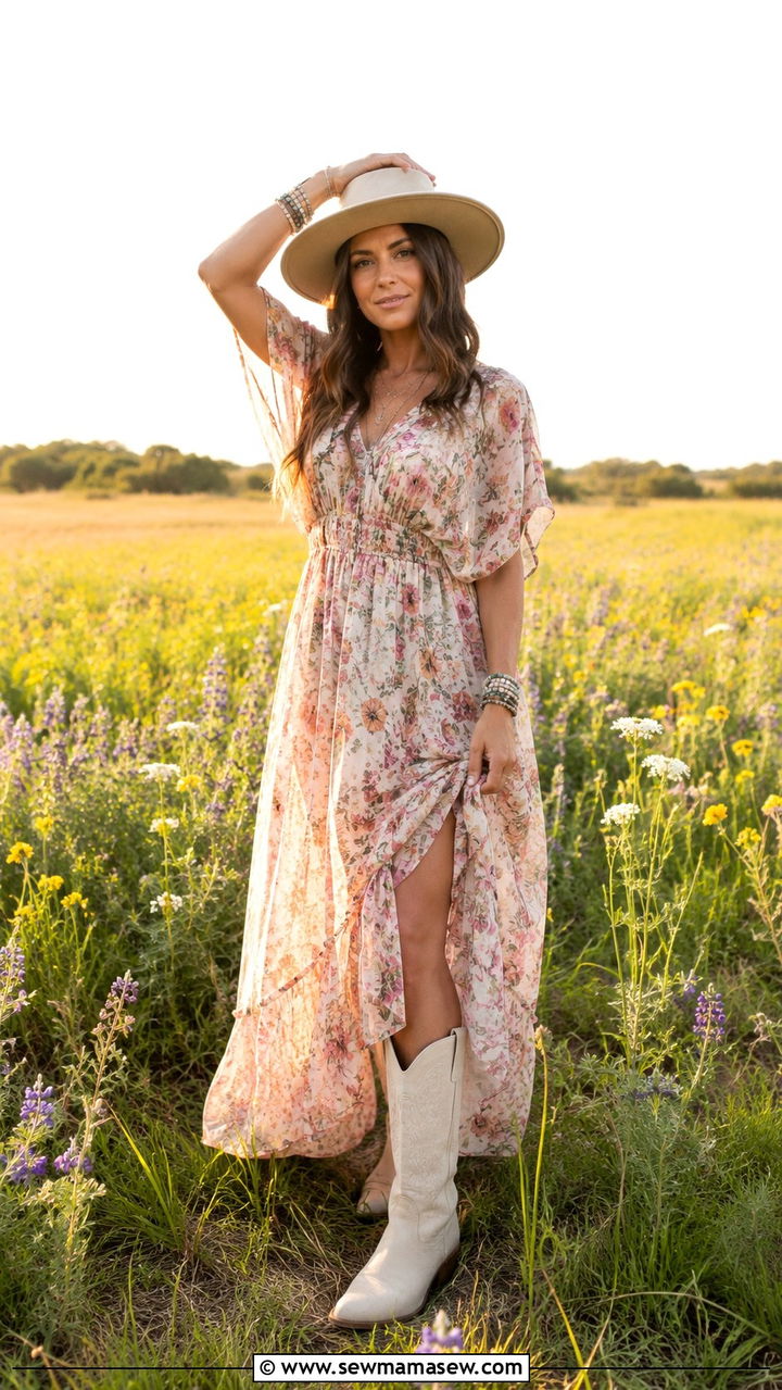 Flowy Floral Maxi Dress With Tecovas Boots - 20 Western outfit ideas with Tecovas boots