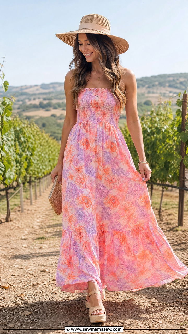 Flowy Floral Maxi Dress With Wedge Sandals - 25 seasonal bridal shower outfit ideas