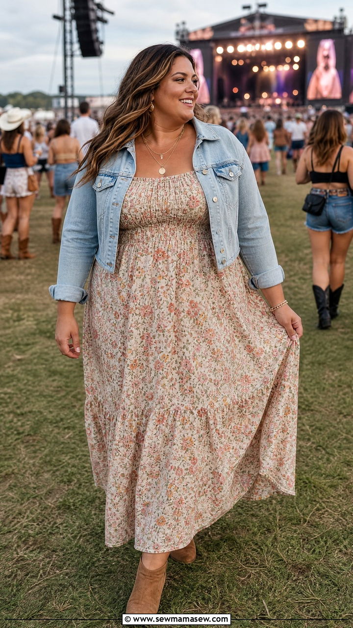 Flowy Floral Maxi Dress with Denim Jacket - 30 Country concert outfit ideas plus size