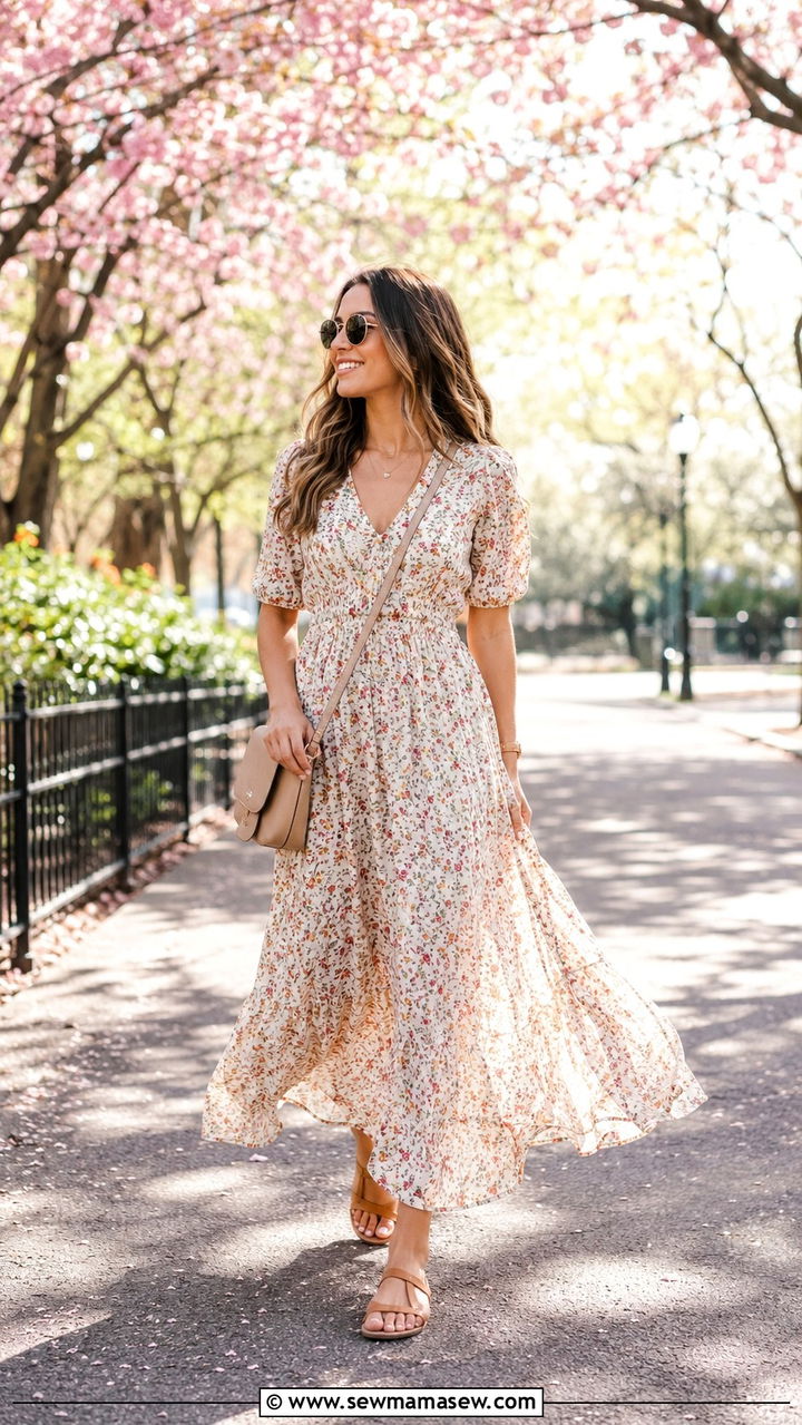 Flowy Floral Maxi Dress with Flat Sandals - 30 spring maxi dress outfit ideas