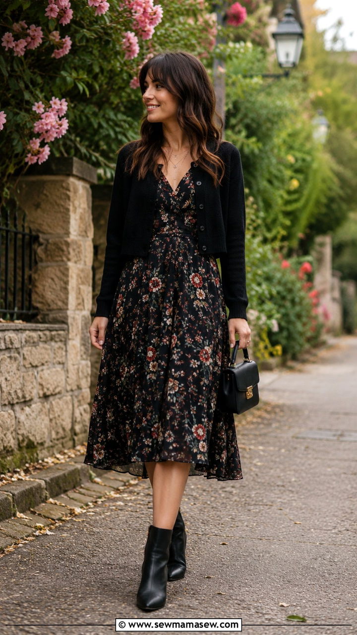 Flowy Floral Midi Dress With A Cropped Cardigan - 30 transitional modest outfit ideas