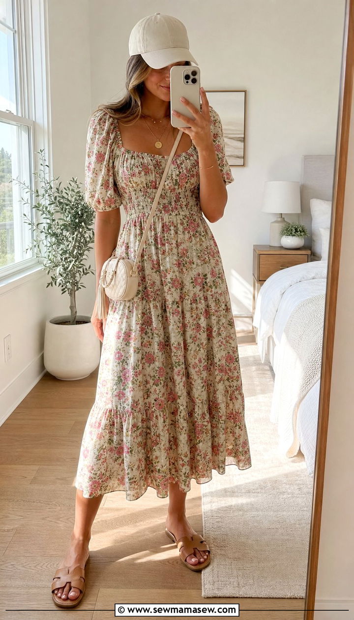Flowy Floral Midi Dress With Baseball Cap - 25 summer outfits with baseball cap