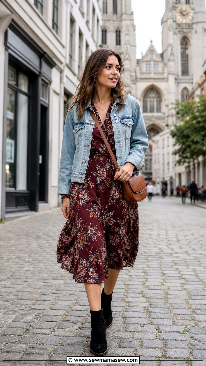 Flowy Floral Midi Dress With Denim Jacket And Ankle Boots - 20 Antwerp outfit ideas