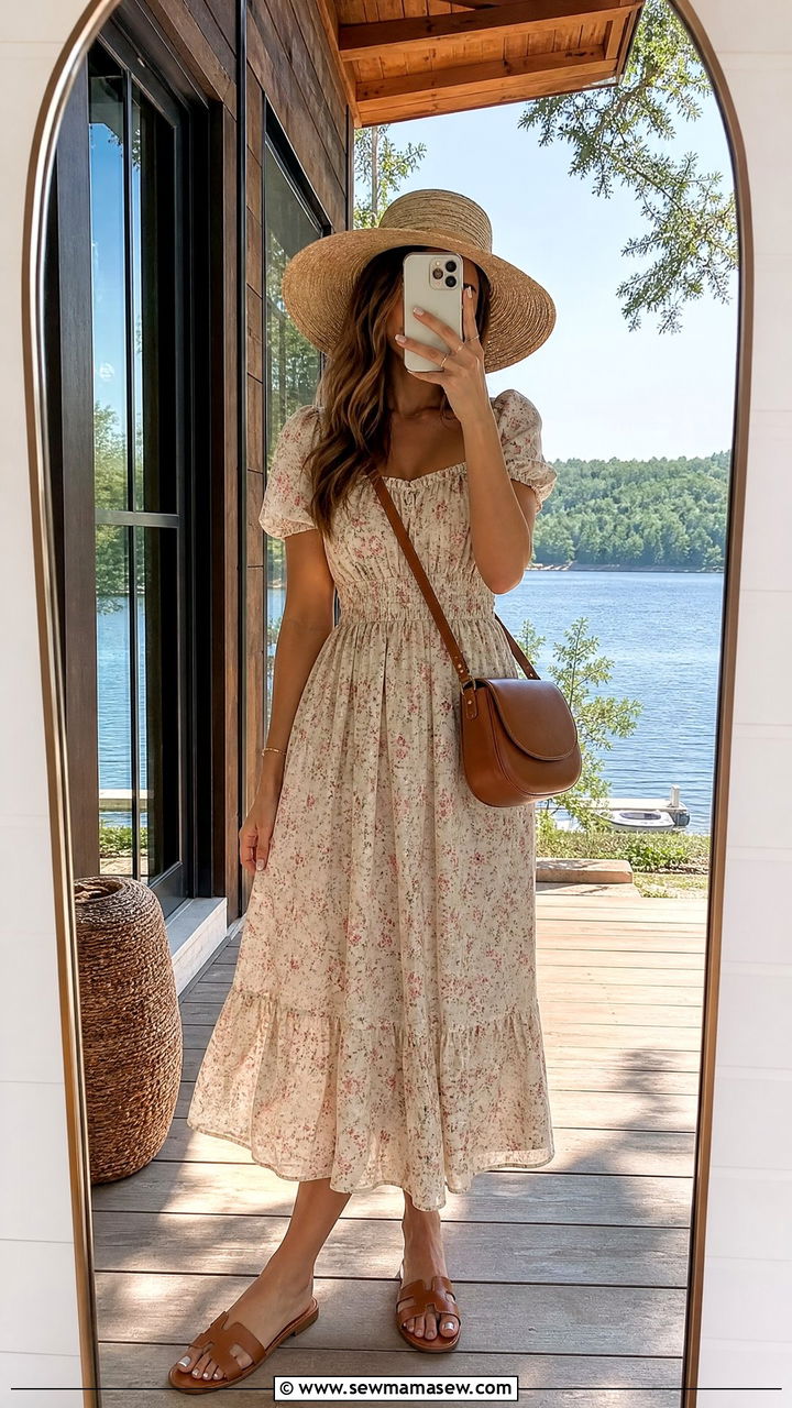 Flowy Floral Midi Dress With Straw Hat And Sandals - 30 Summer cabin weekend outfits