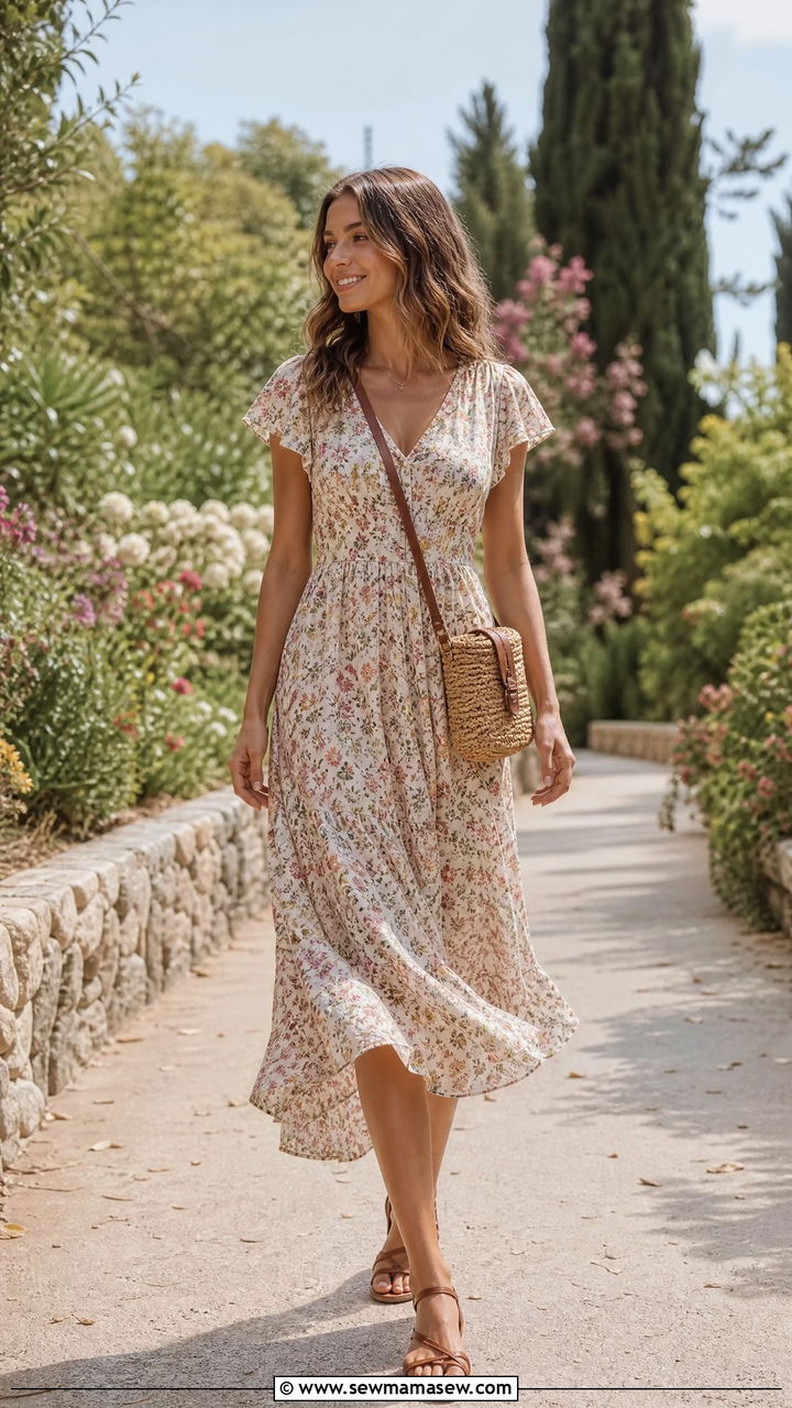 Flowy Floral Midi Dress with Flat Sandals - 30 summer lightweight outfit ideas