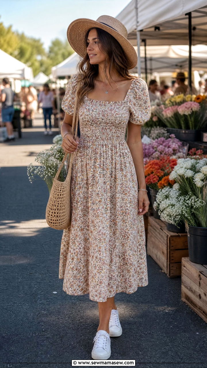 Flowy Floral Midi Dress with White Sneakers Outfit - 30 Farmers market outfit ideas