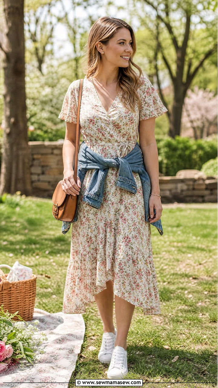 Flowy Floral Midi Dress with White Sneakers - 30 summer elevated casual outfit ideas