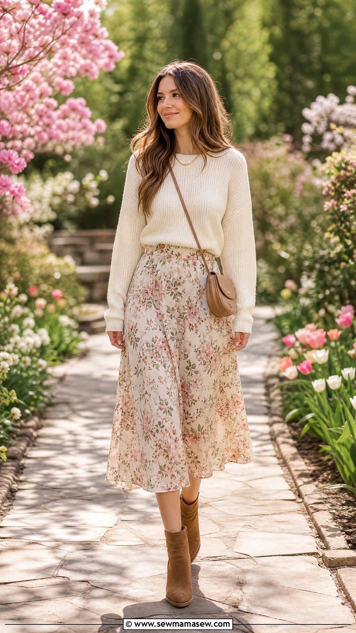 Flowy Floral Midi Skirt With Knit Sweater - 30 Confident spring outfit ideas