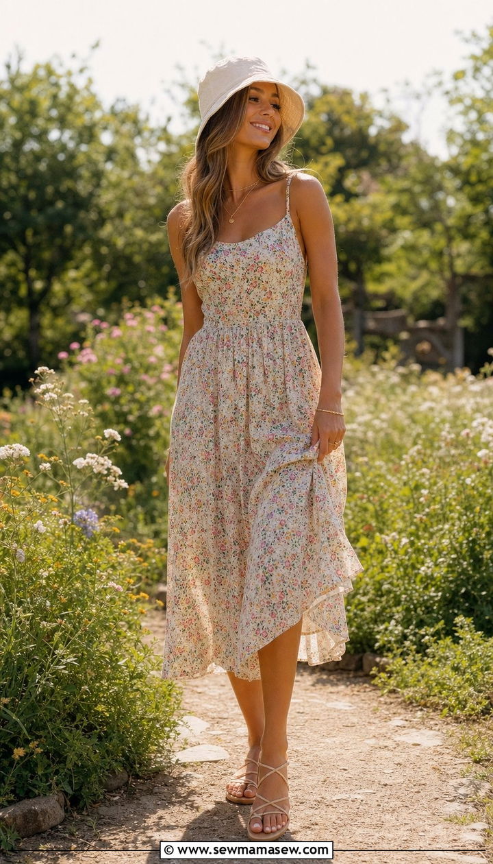 Flowy Floral Sundress and Strappy Sandals - 35 Bucket hat outfit ideas