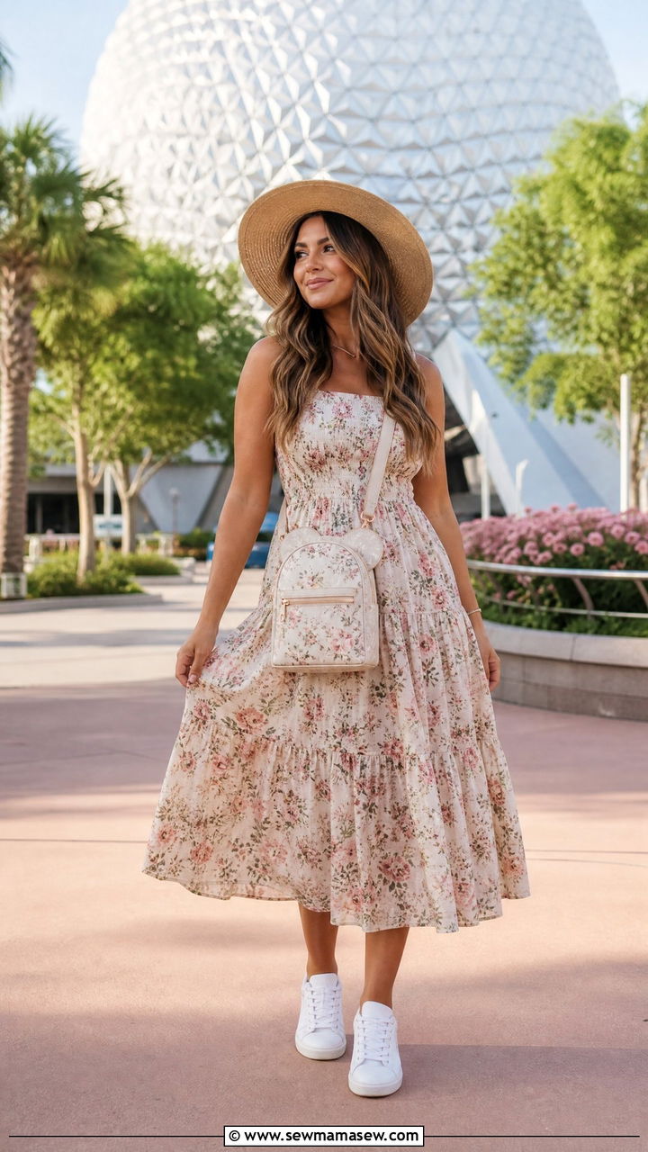 Flowy Floral Sundress and White Sneakers Outfit - 30 Disney World outfit ideas summer
