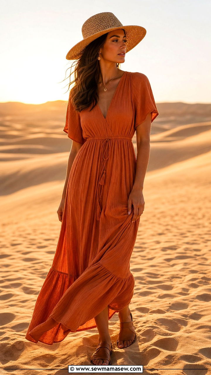 Flowy Gauze Maxi Dress With Flat Leather Sandals - 25 Summer desert outfits