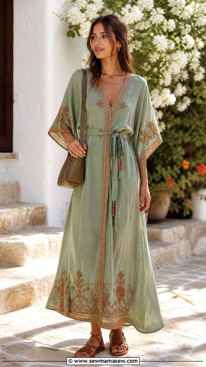 Flowy Green Embroidered Dress with Tie Belt - 40 summer boho outfits