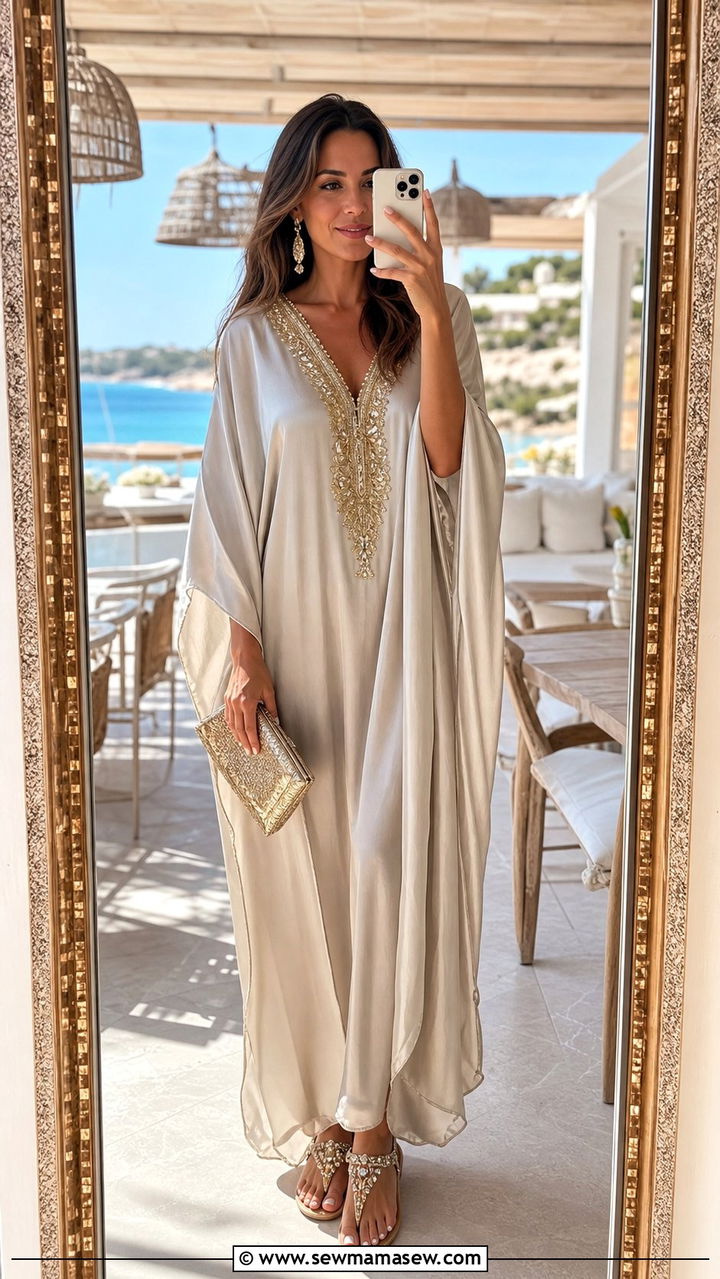 Flowy Kaftan Dress With Embellished Sandals - 35 Beach wedding guest outfit ideas