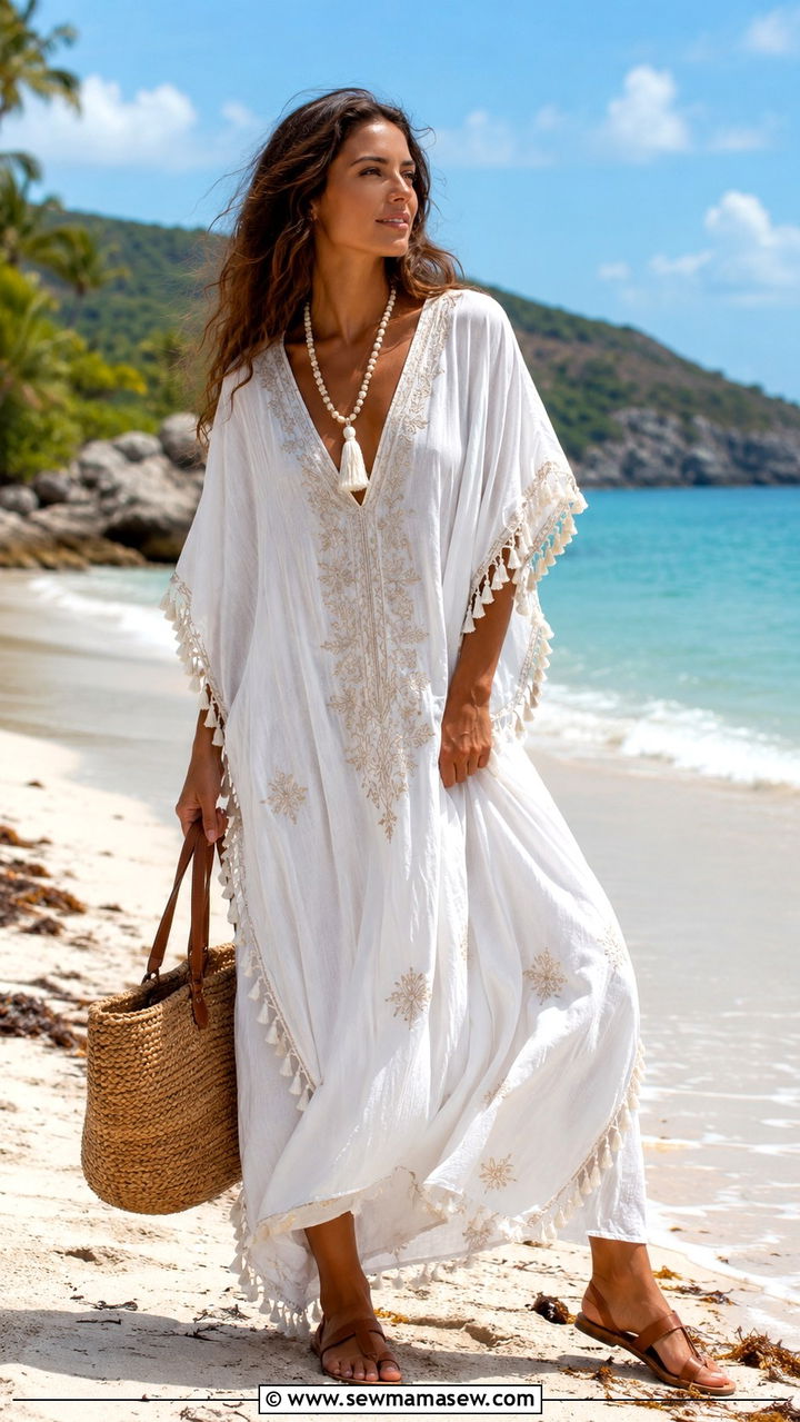 Flowy Kaftan Dress with Flat Leather Sandals - 25 Vacation outfits for pear shape
