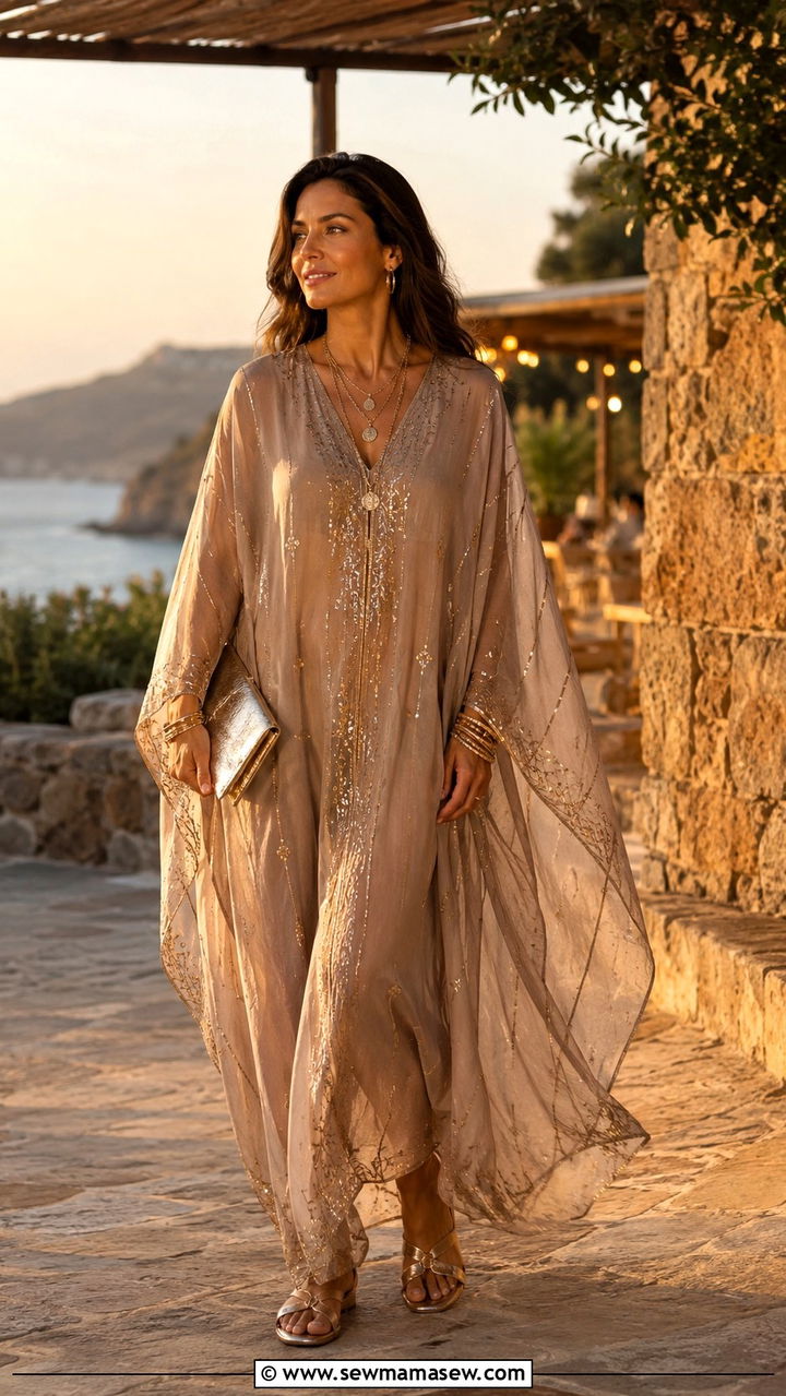 Flowy Kaftan with Metallic Sandals and Gold Accessories - 25 Rich aunt outfit ideas