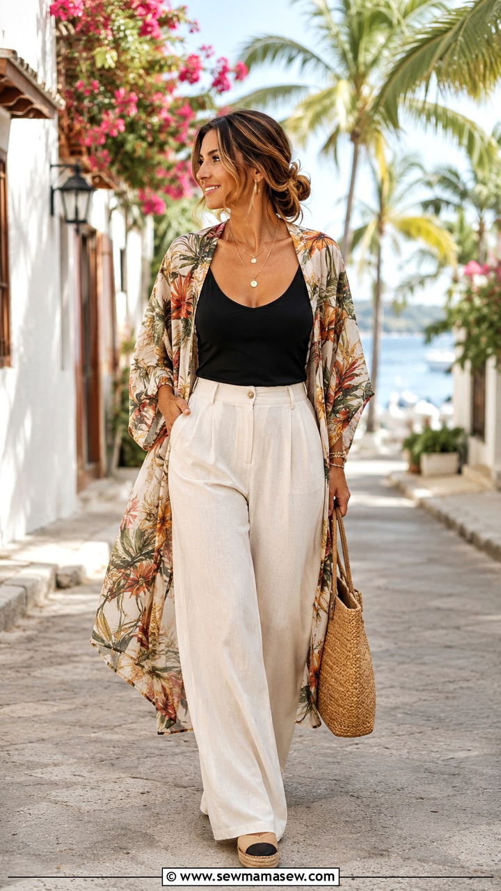 Flowy Kimono Over Tank And Wide Leg Pants - 20 Outfit ideas to hide love handles