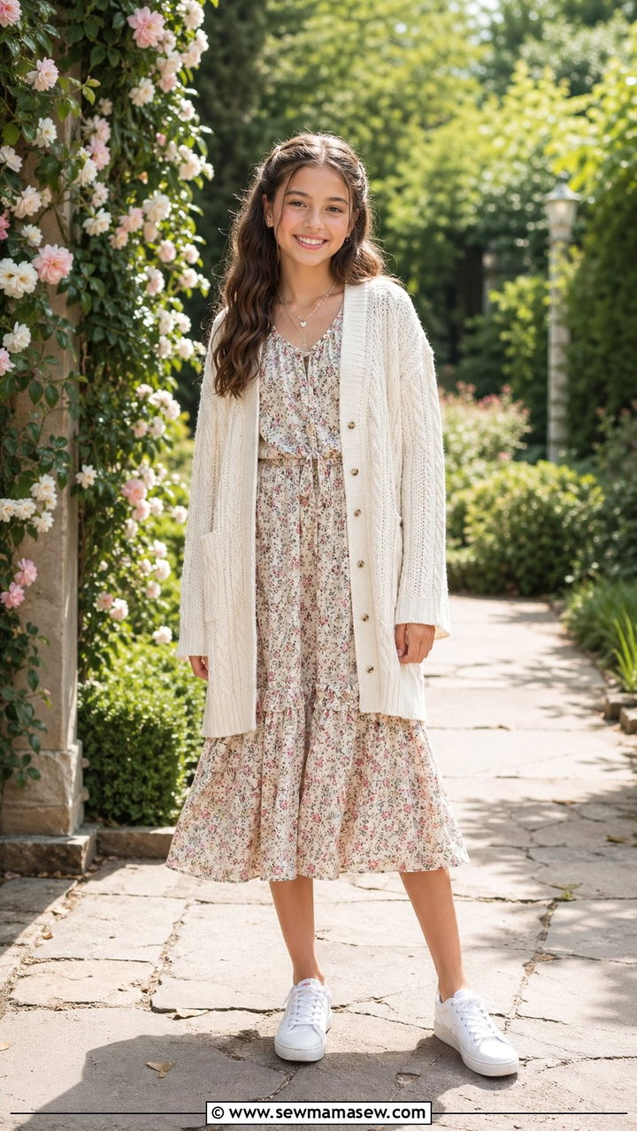 Flowy Knit Cardigan With Floral Midi Dress - 35 Back to school outfit ideas 7th grade