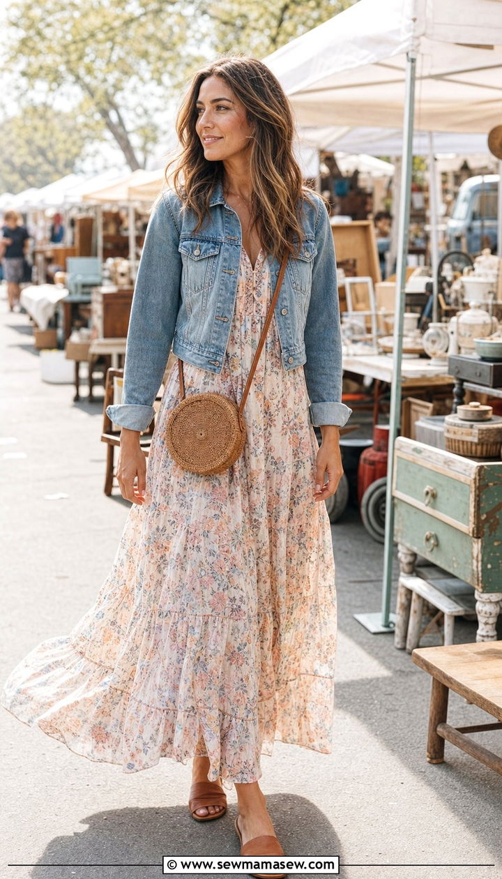 Flowy Maxi Dress And Denim Jacket Spring Outfit - 25 Spring shopping outfits