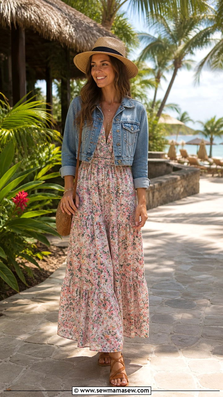 Flowy Maxi Dress And Denim Jacket With Flat Sandals - 40 casual travel outfits