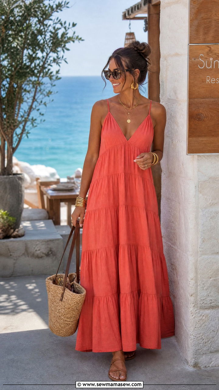 Flowy Maxi Dress And Gold Jewelry Birthday Brunch - 35 Birthday brunch outfits