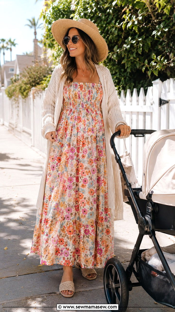 Flowy Maxi Dress And Lightweight Cardigan - 20 Postpartum outfit ideas week 6