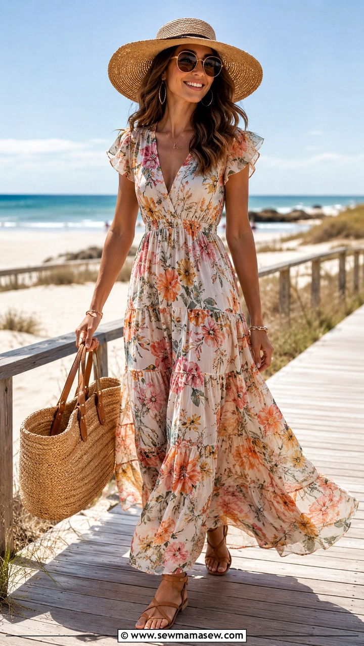 Flowy Maxi Dress And Sandals With Oversized Sunglasses - 20 spring outfits with oversize sunglasses
