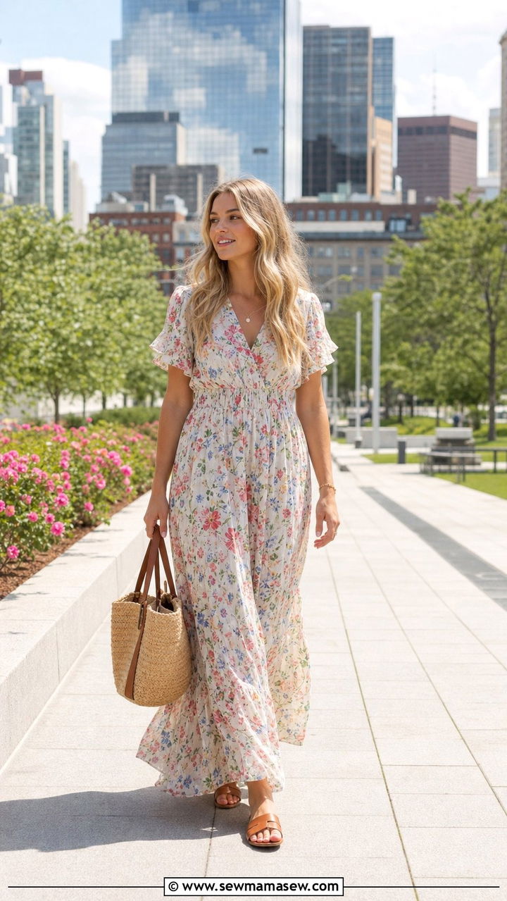 Flowy Maxi Dress Flat Leather Sandals Outfit - 35 Boston outfit ideas
