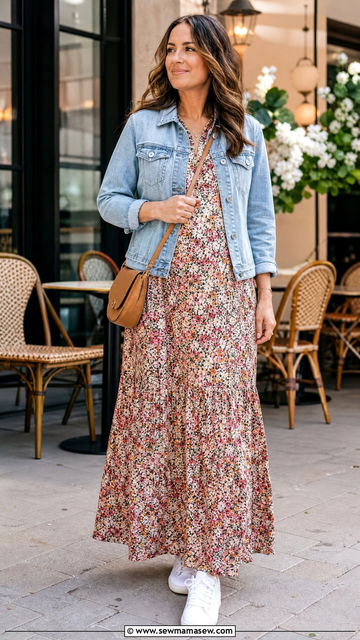 Flowy Maxi Dress With A Denim Jacket - 25 Maternity outfit ideas hiding bump