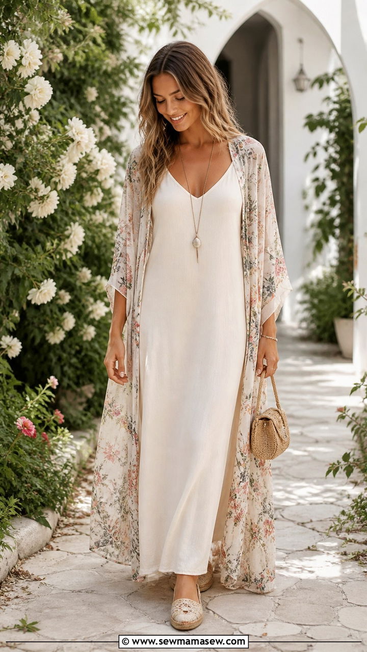 Flowy Maxi Dress With A Lightweight Kimono - 40 Boho spring outfits