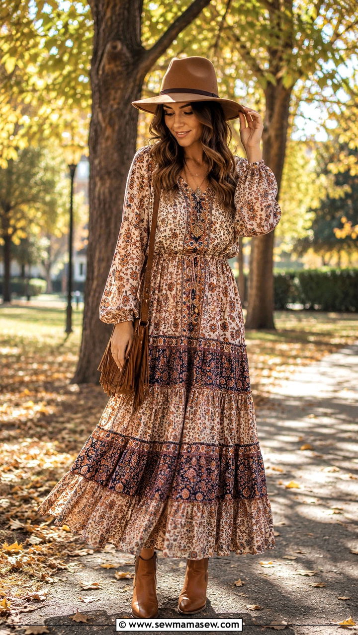 Flowy Maxi Dress With Ankle Boots - 30 Bohemian wardrobe essentials