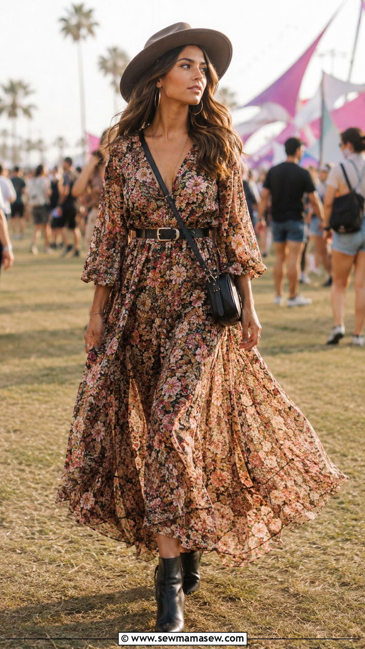 Flowy Maxi Dress With Ankle Boots - 30 classy music festival outfit ideas