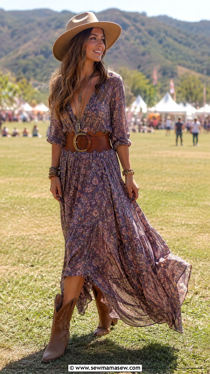 Flowy Maxi Dress With Ankle Cowboy Boots And Wide Leather Belt - 30 transitional western outfit ideas