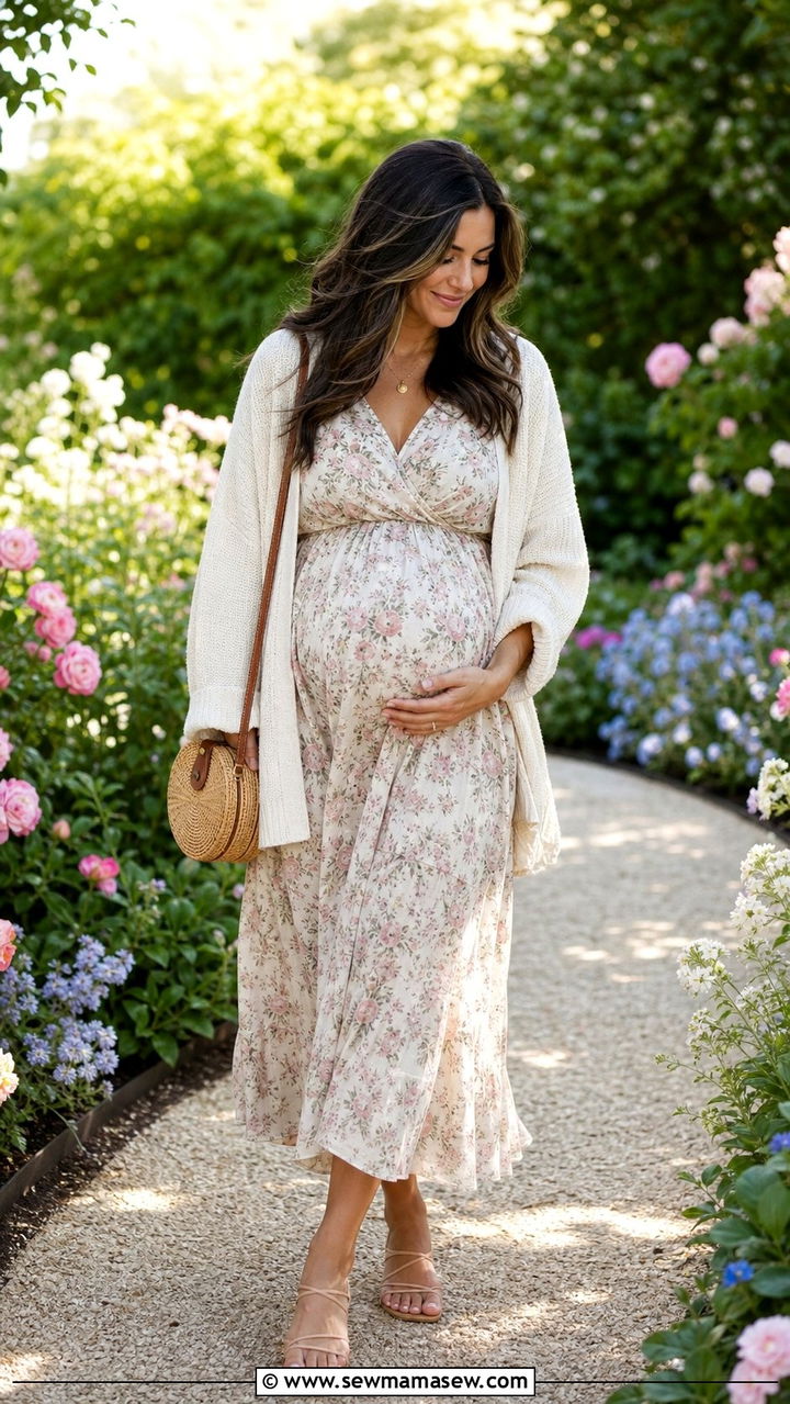 Flowy Maxi Dress With Cardigan and Sandals - 25 classy outfits for pregnant women