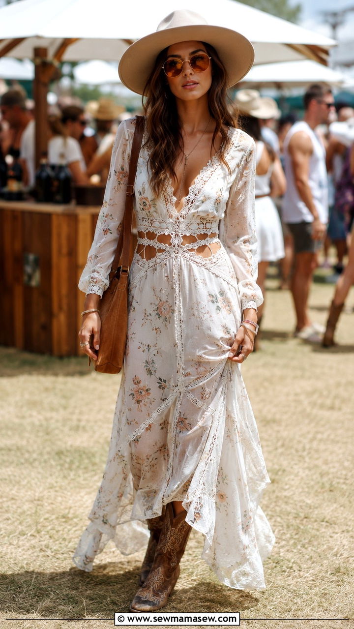 Flowy Maxi Dress With Cowboy Boots Boho Chic - 25 boho chic outfits inspo