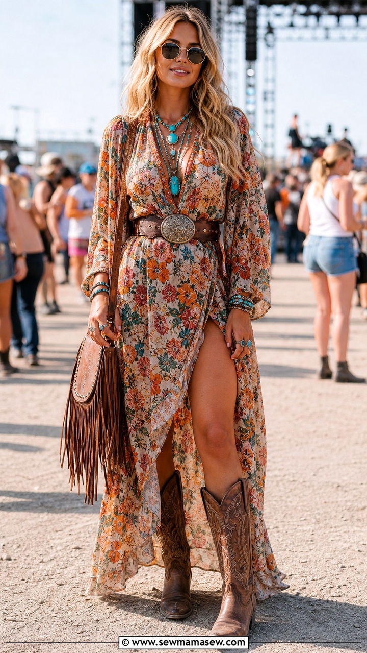 Flowy Maxi Dress With Cowboy Boots - 40 Boho summer outfits